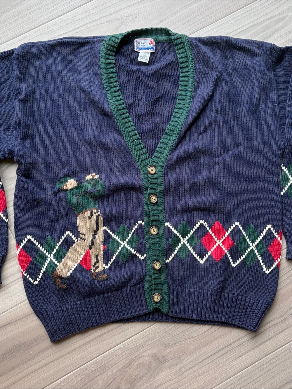 Vintage Great Lakes Navy and Green Golf Sweater Cardigan